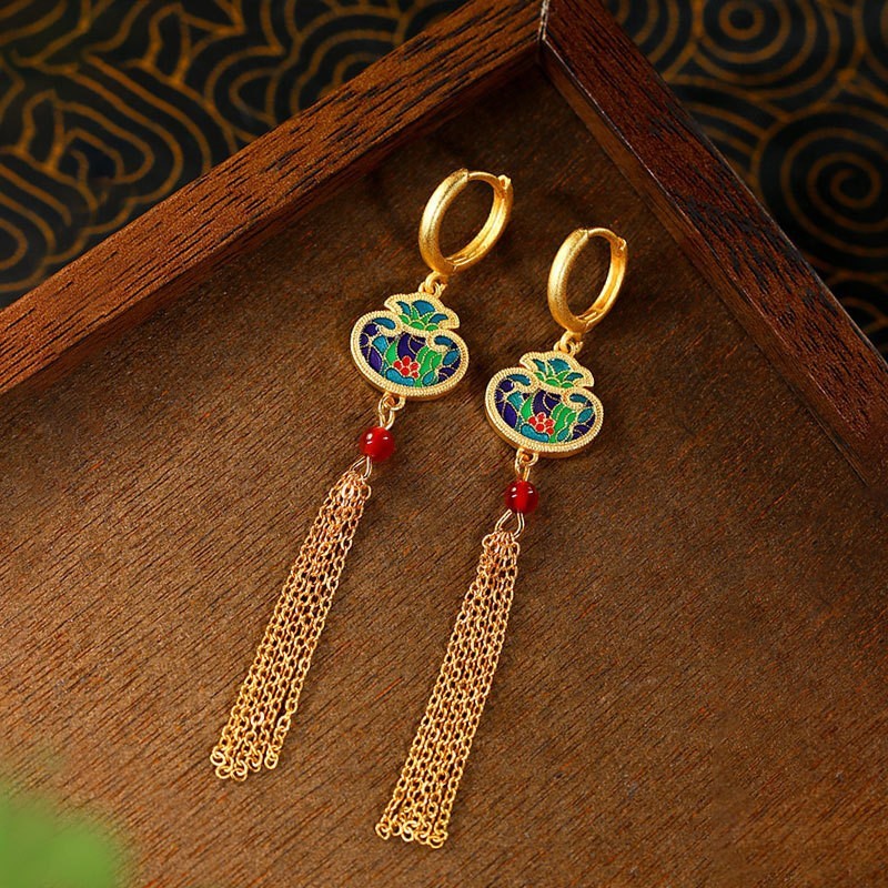 Chinese-style enamel gradient floral earrings，Multicolored Earrings，Handmade