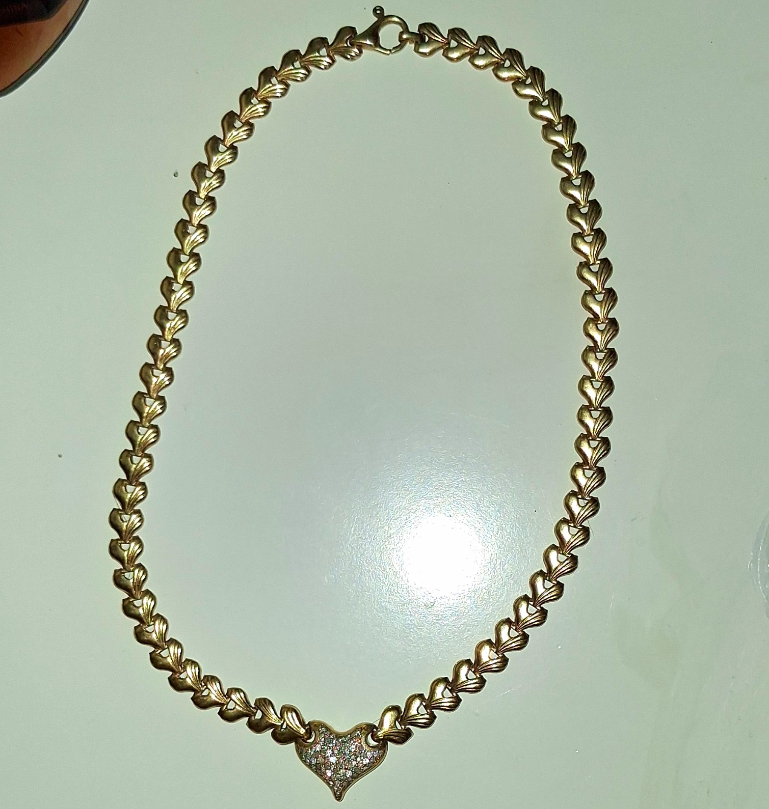 14K Gold Plated Heart Link Chain Necklace w/ Pavé Diamond Heart Charm Pendant