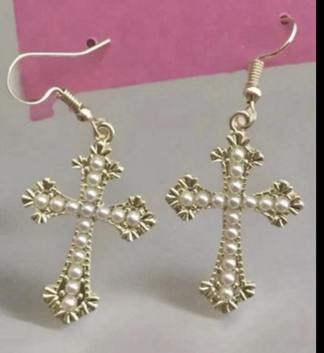 Betsey Johnson Yellow Enamel Crystal Pearl Crucifix Cross Dangle Earrings NWT