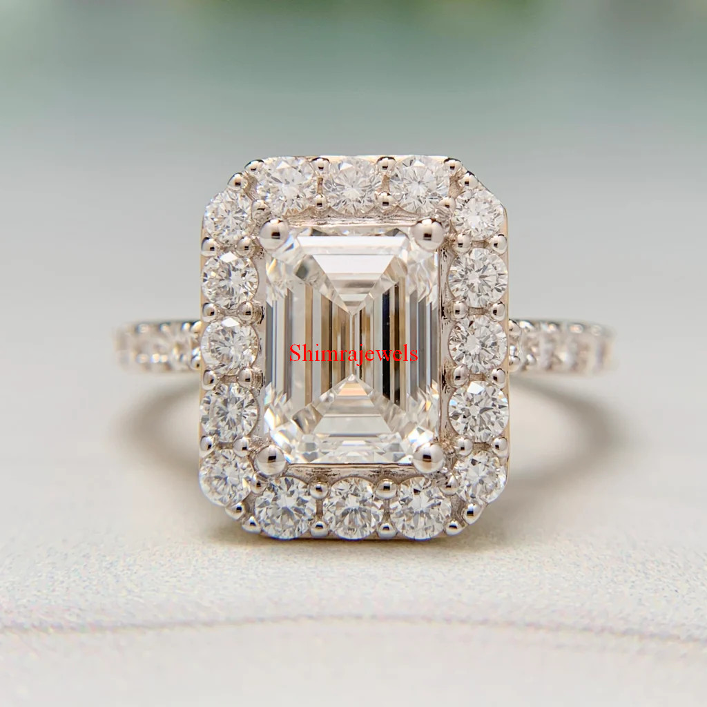 Emerald Cut Moissanite With 18k Gold Plated Silver Women’s Halo Ring #3