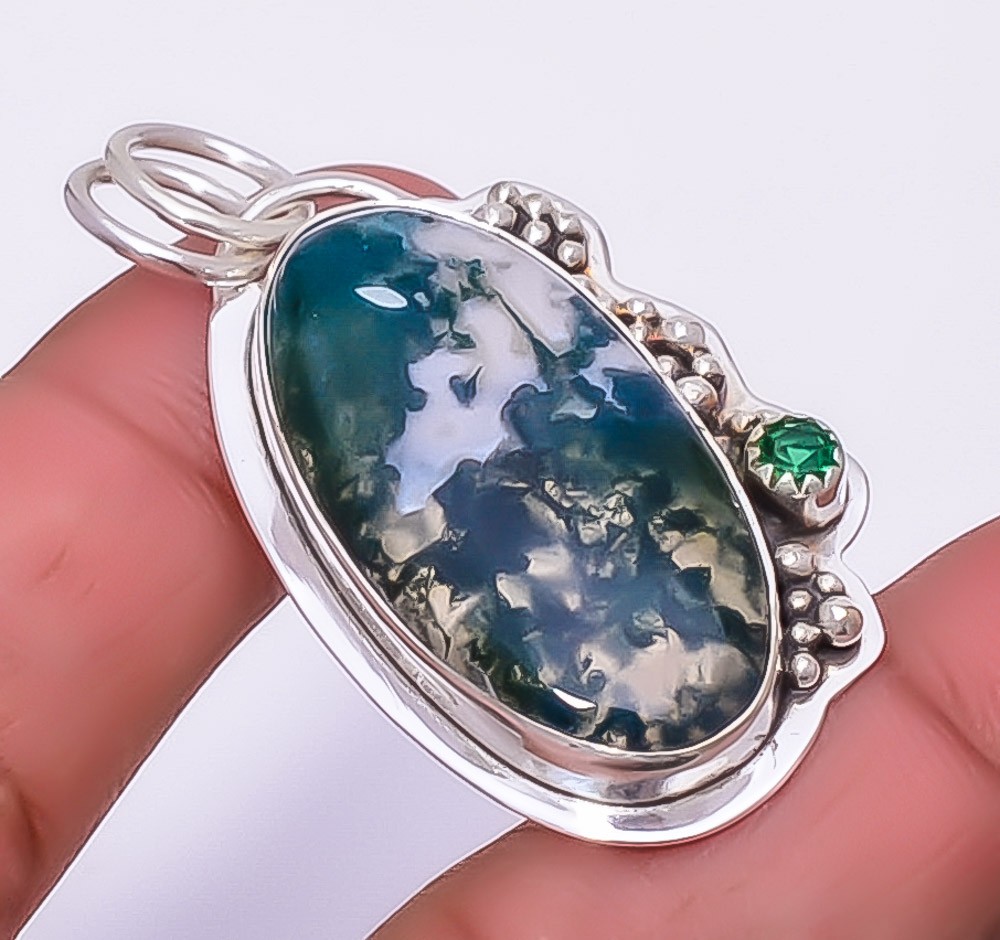 Moss Agate 925 Sterling Silver Handmade Pendant 1.95″ P2122222, Christmas Gift