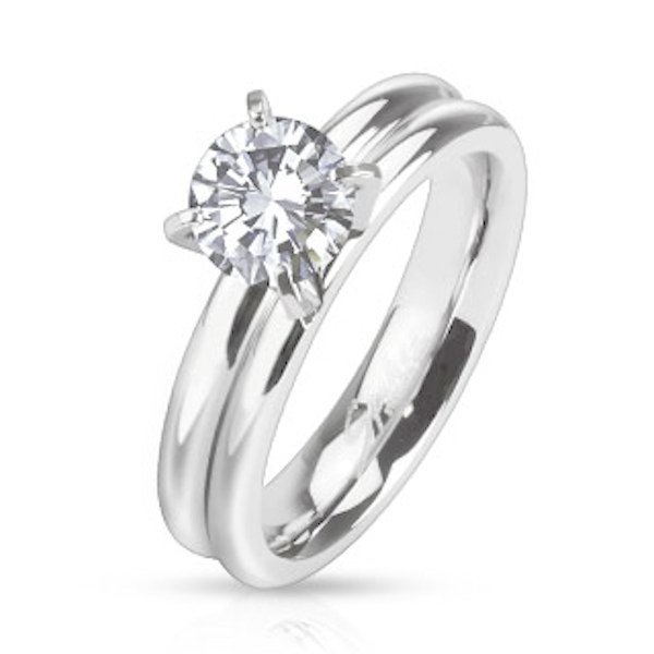 Stainless Steel Cubic Zirconia Solitaire Grooved comfort Fit Band Ring