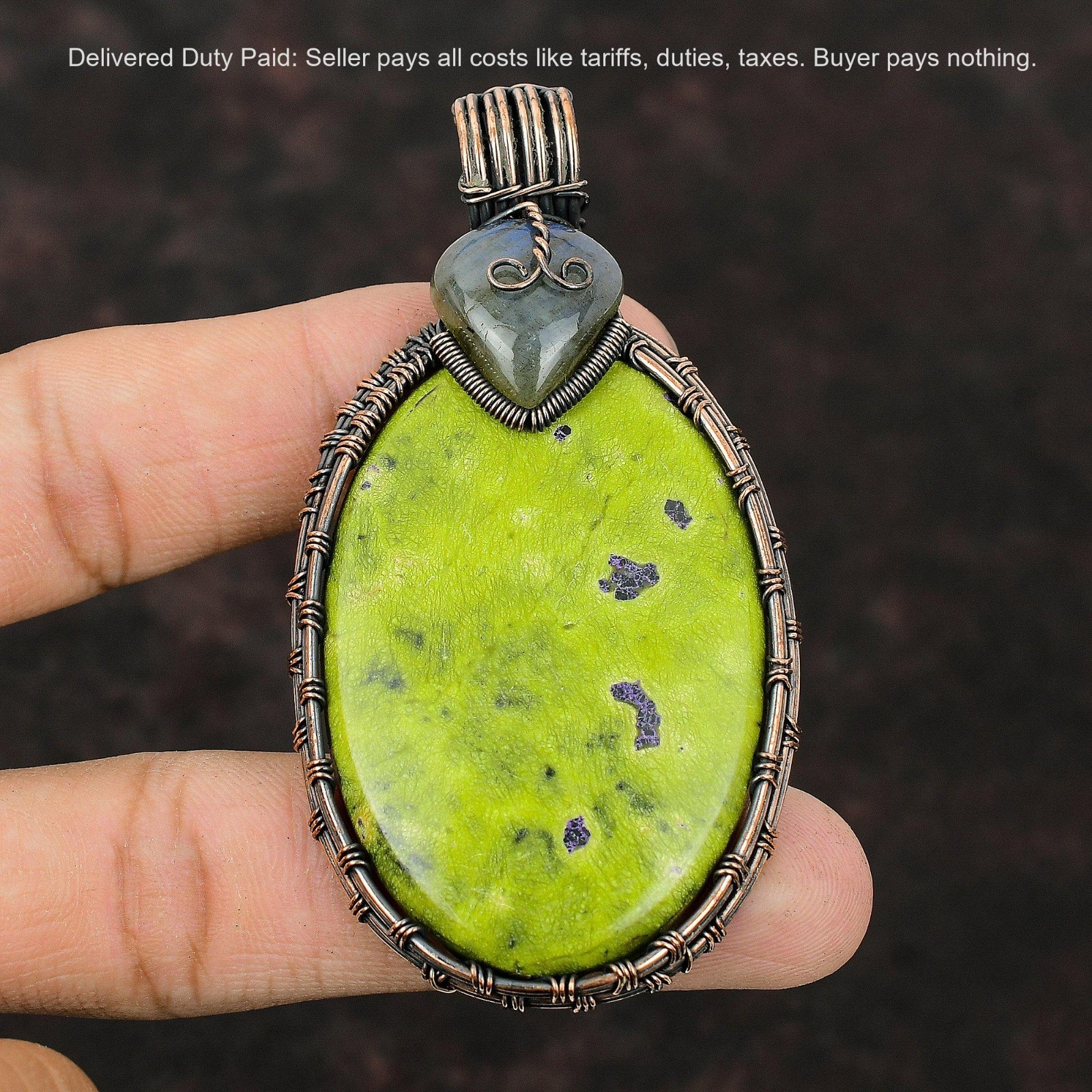 Copper Oval Stichtite Gemstone Labradorite Daughter Wire Wrapped Pendant Jewelry