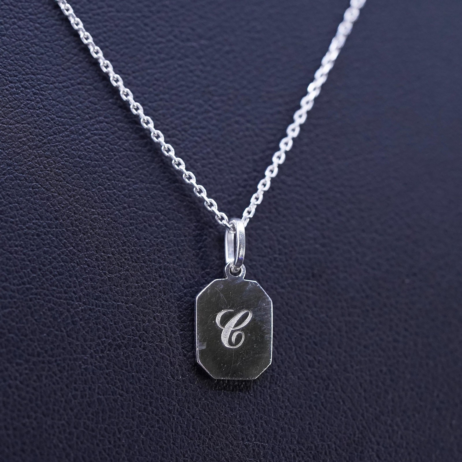 16+2”, vintage Italian sterling silver 925 circle necklace letter E tag pendant
