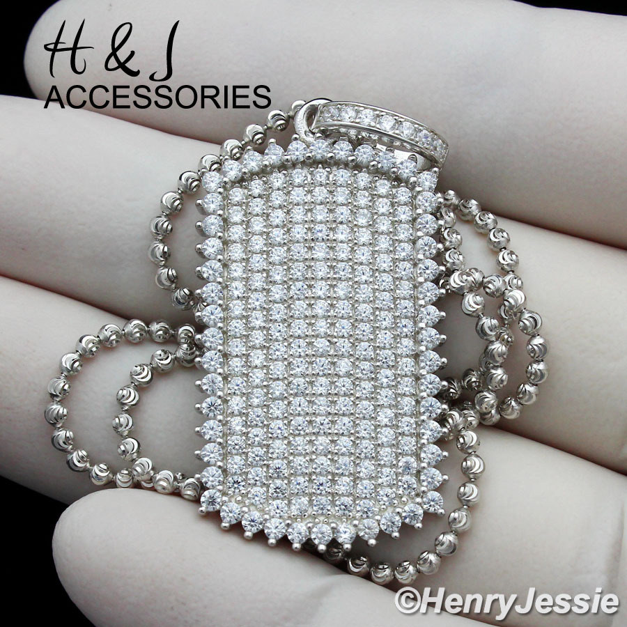 925 STERLING SILVER 18-30″X2MM MOON CUT BEADED CHAIN CZ DOG TAG PENDANT*SP164