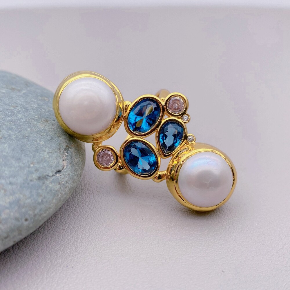 Freshwater White Pearl Blue Cz Pave Gold Plated Finger Ring