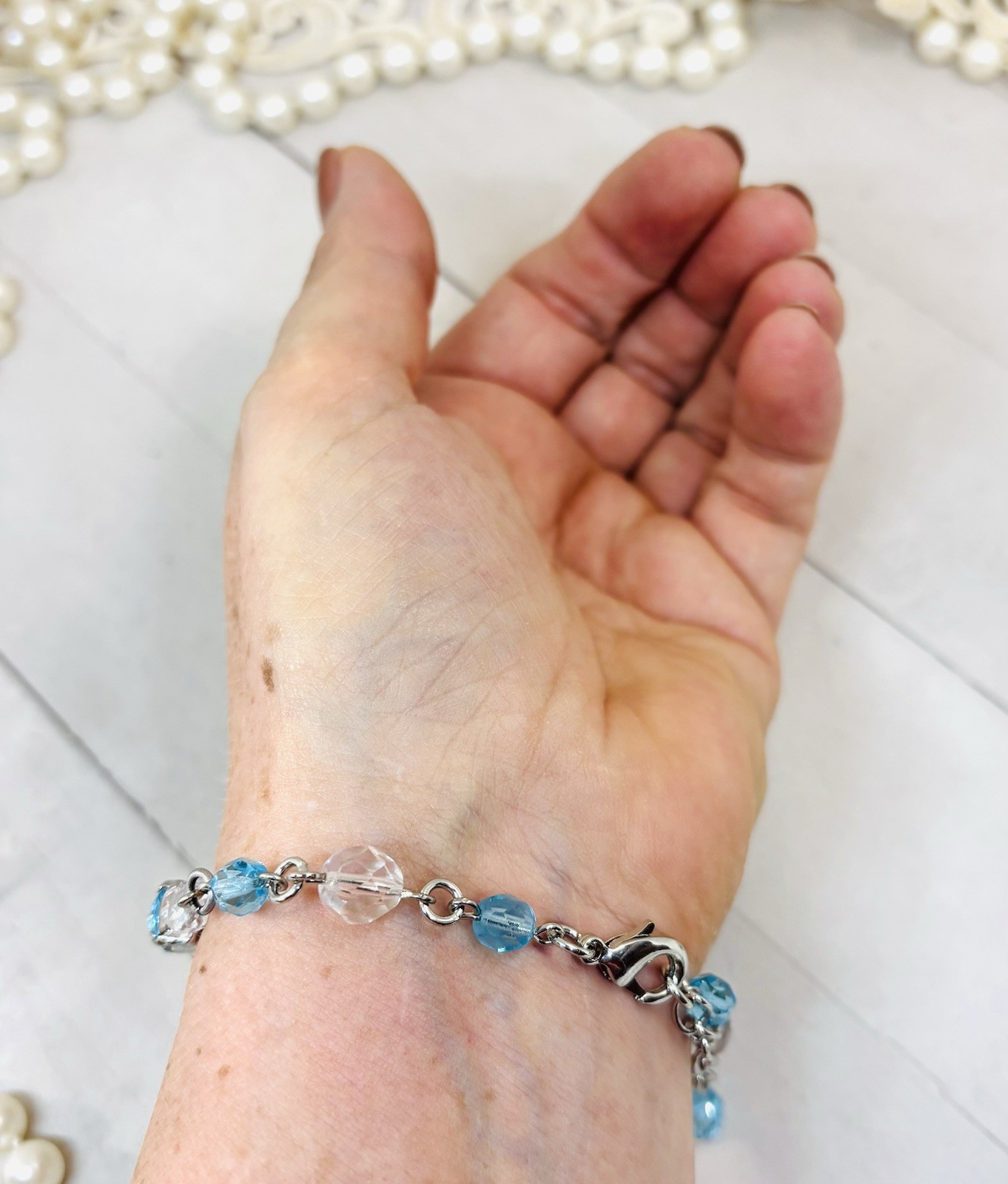 8mm Shiny Silver Plated Beaded Aquamarine Tennis Cup Chain Bracelet