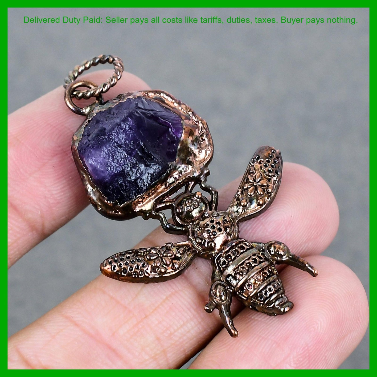Pentagon African Amethyst Rough Gemstone Artisan Wedding Pendant Jewelry Copper