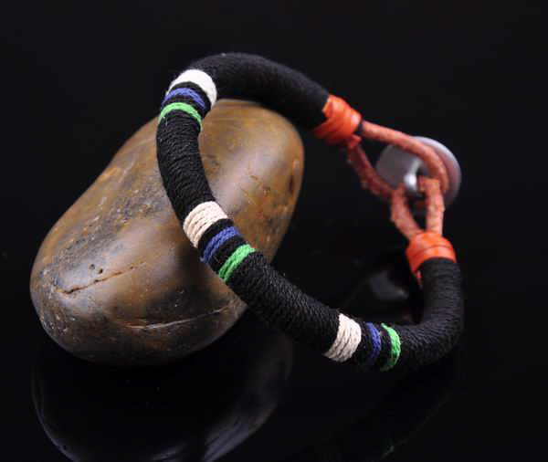 S471 Surfer Cotton Wrap Leather Men’s Leather Wristband Bracelet Cuff Black