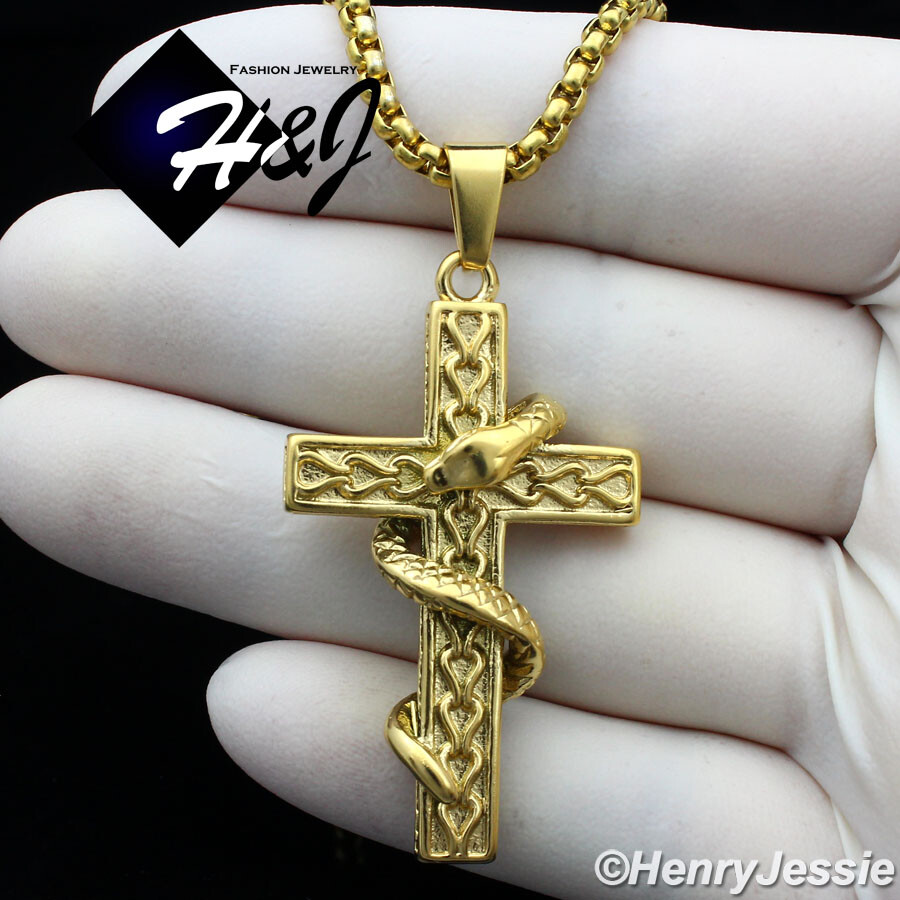 18″-36″Stainless Steel 3mm Gold Plated Box Link Chain Snake Cross Pendant*GTP128