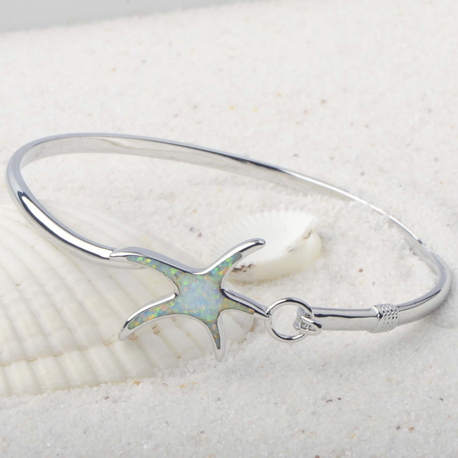 Hawaii White Opal Starfish Cuff Bangles 925 Sterling Sliver Jewelry For Women