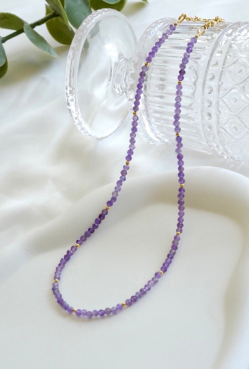 Natural Amethyst Faceted Round Gemstone Gold Filled Beaded Necklaces 18” Girls