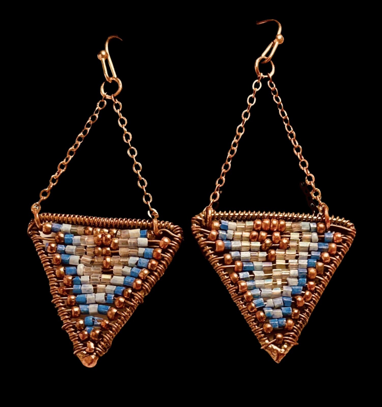 Delta Shape Chandelier Earrings Hd Beaded Bugle & Copper Beads New Other In Box