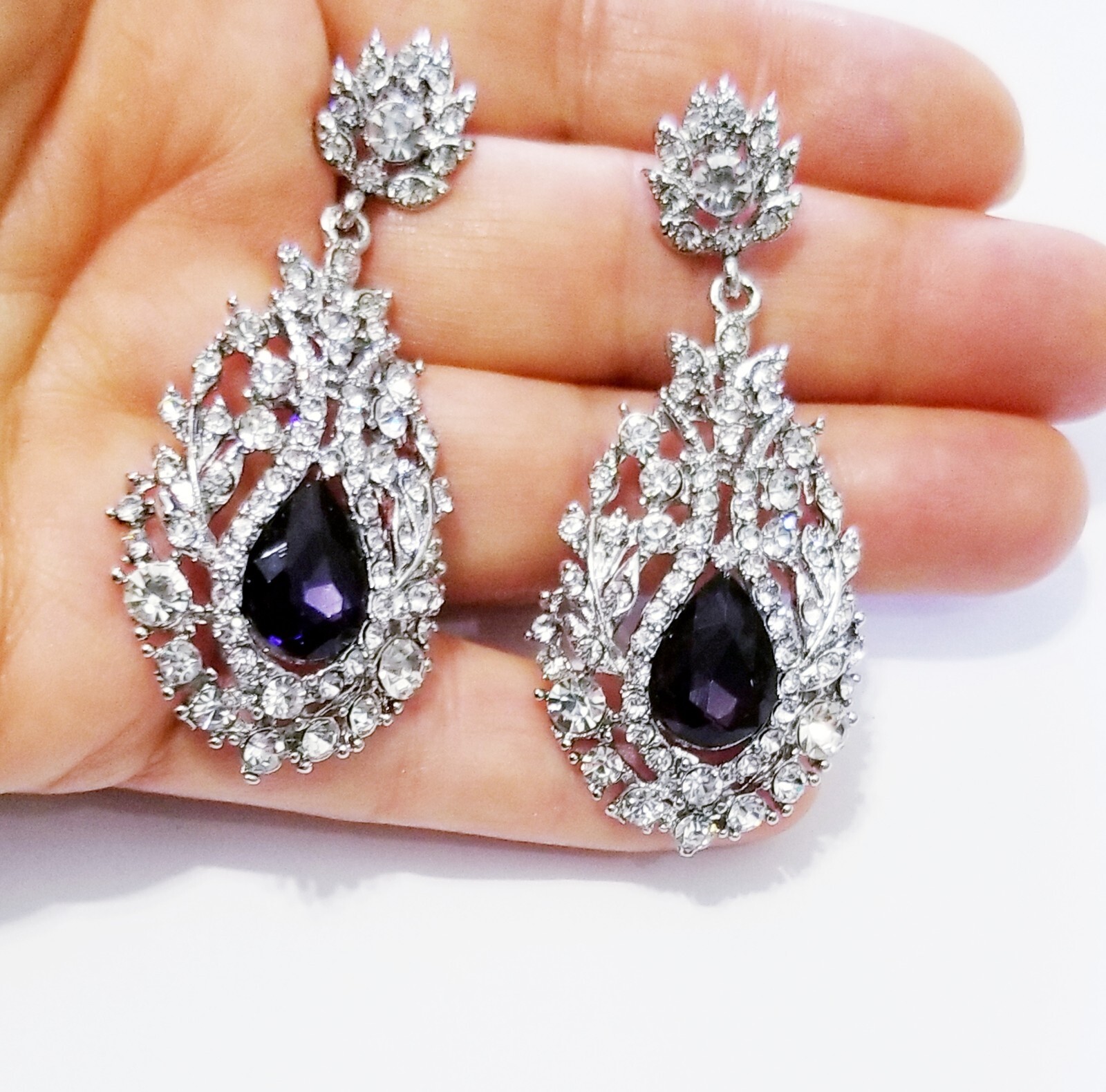 Chandelier Rhinestone Crystal Pageant Bridal Earrings Purple Drop Dangle 2.5 In
