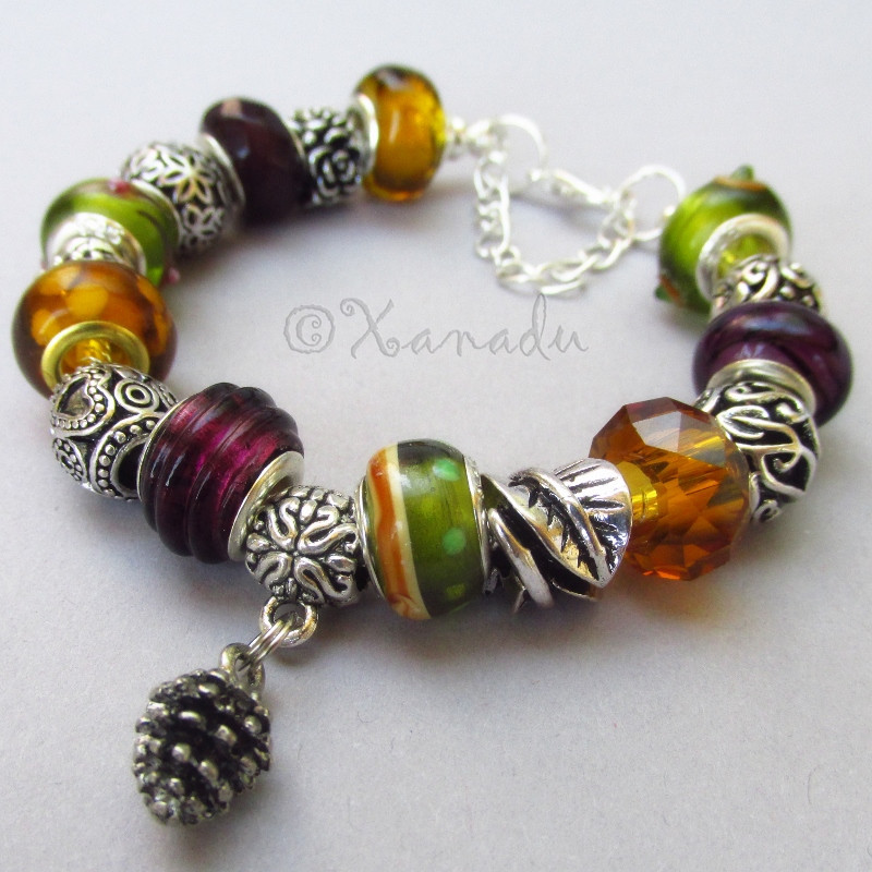 Autumn Leaves European Charm Bracelet With Silver Pine Cone Charm Pendant