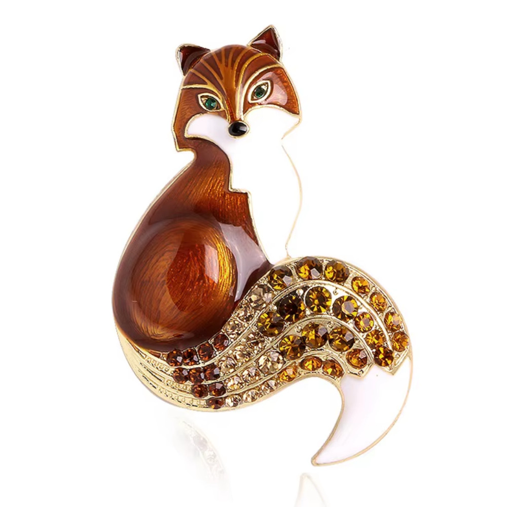 Retro Fall Fox Brooch Brown Enamel Rhinestone Gold Animal Pin Autumn Gift Jewelr