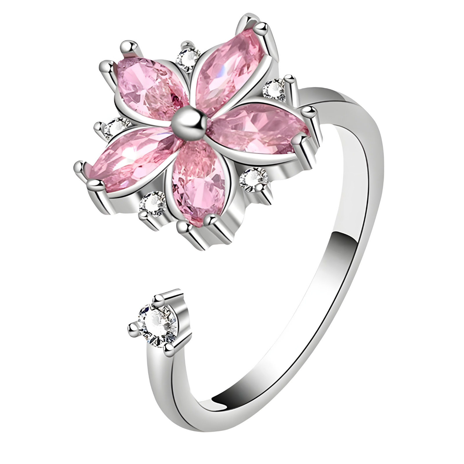 925 Sterling Silver Pink Zircon Rotatable Flower Adjustable Ring Spinning 365