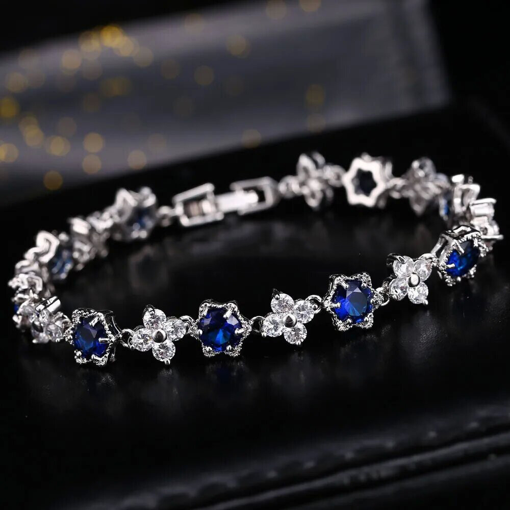 Silver Plated Cubic Zircon Green Flower Star Charm Bracelet Women Party Jewelry