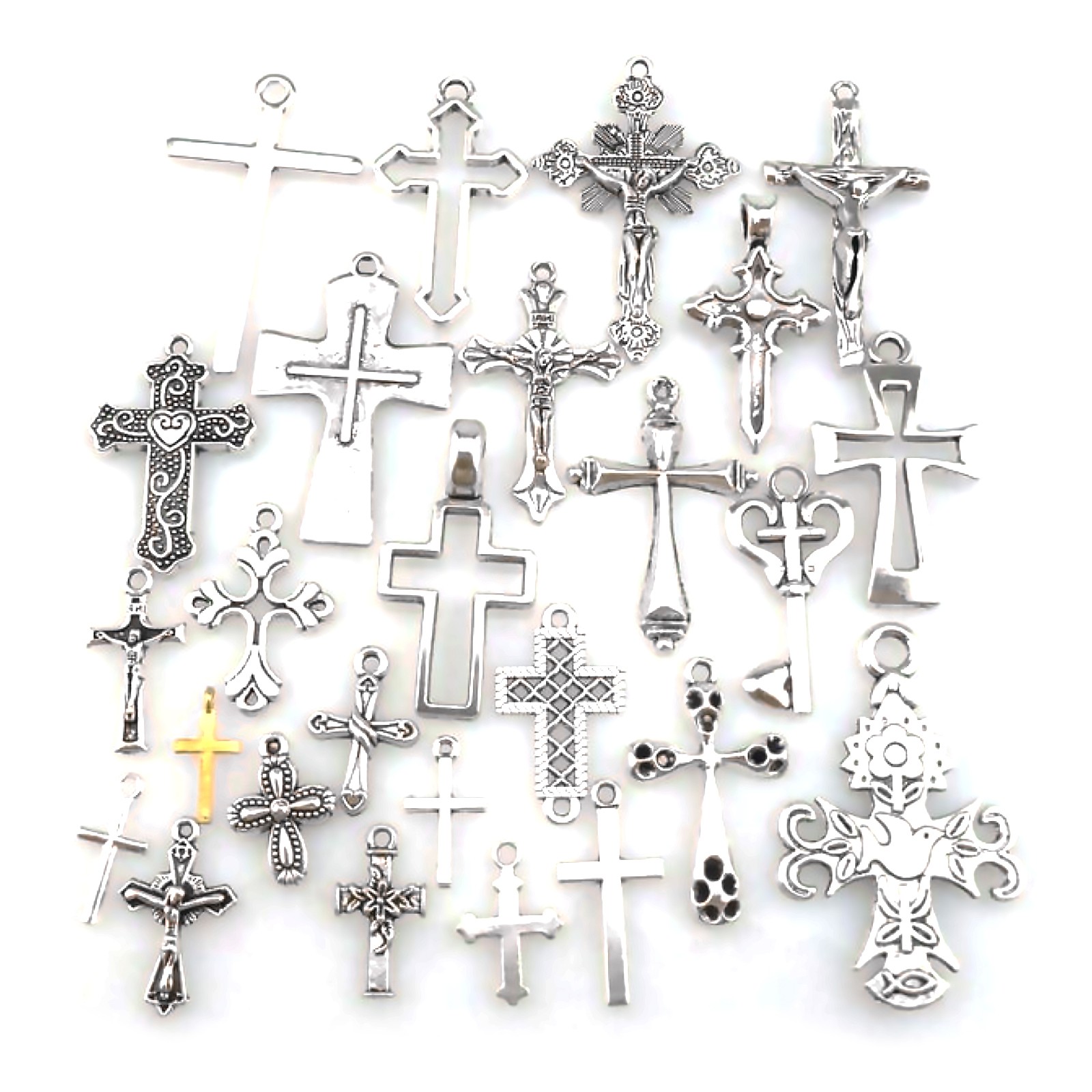 25PCS MIX Cross Pendant Vintage Antique Silver Tone Alloy Faith Religious Charm