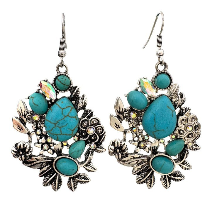 Silver Tone Turquoise Oval Cluster Crystal Bohemian Dangle/Drop Hook Earrings