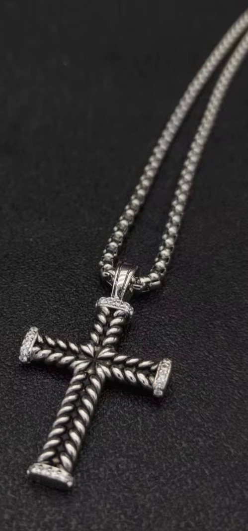 Silver & Black enamel Cross pendant with pave stones women