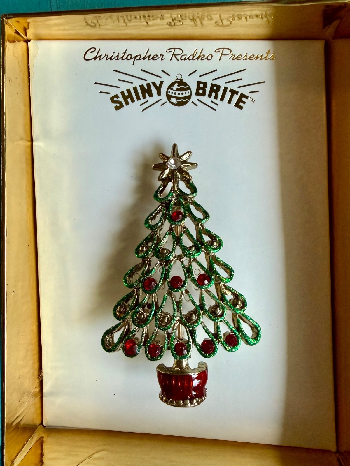 Christopher Radko Presents Shiny Brite Christmas Tree Brooch Pin Holiday NWT