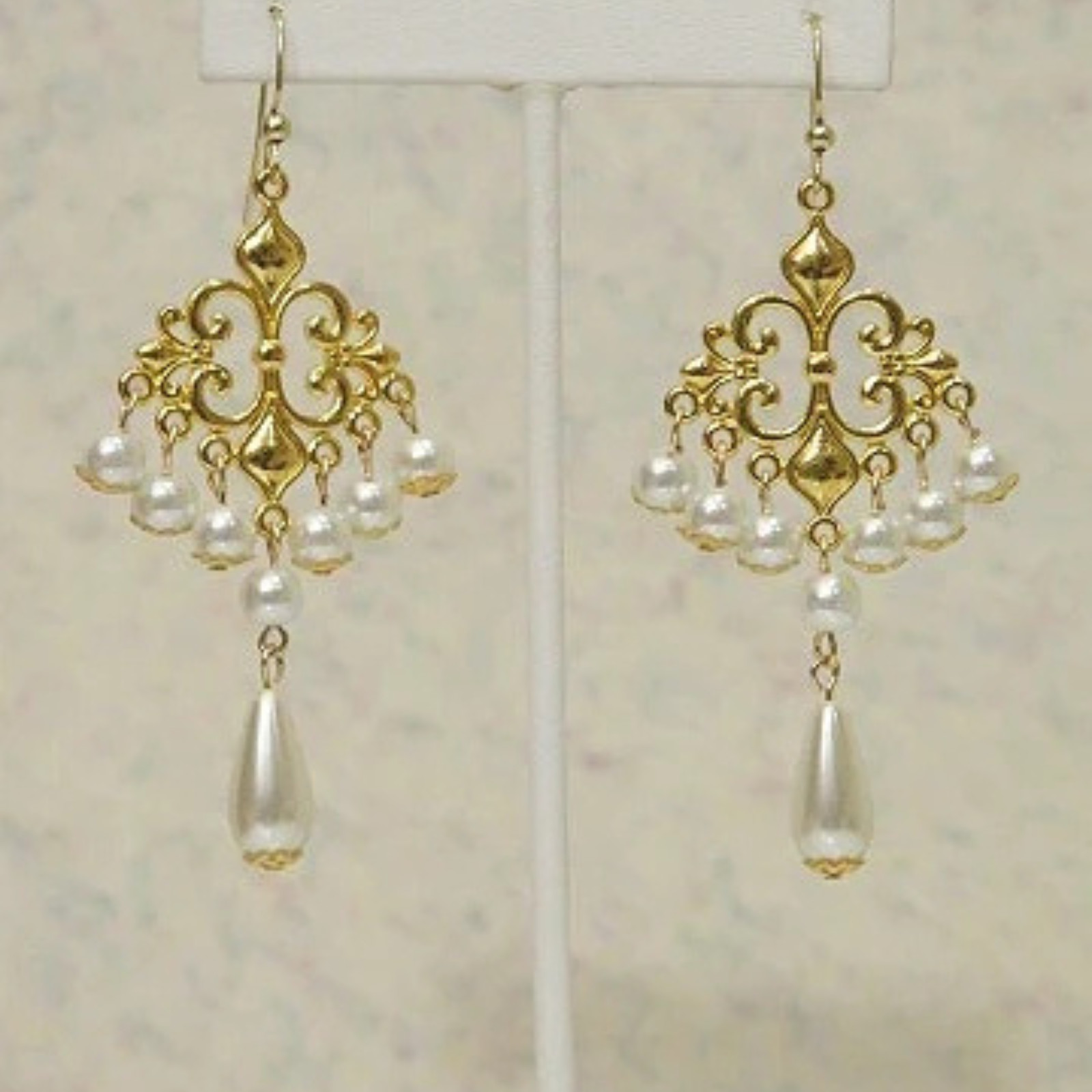 Handmade Gold Tone Pearl Chandelier Dangle Earrings White Faux Pearl