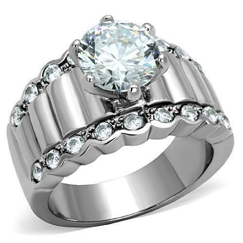 TK1524 – High polished (no plating) Stainless Steel Ring with AAA Grade CZ in