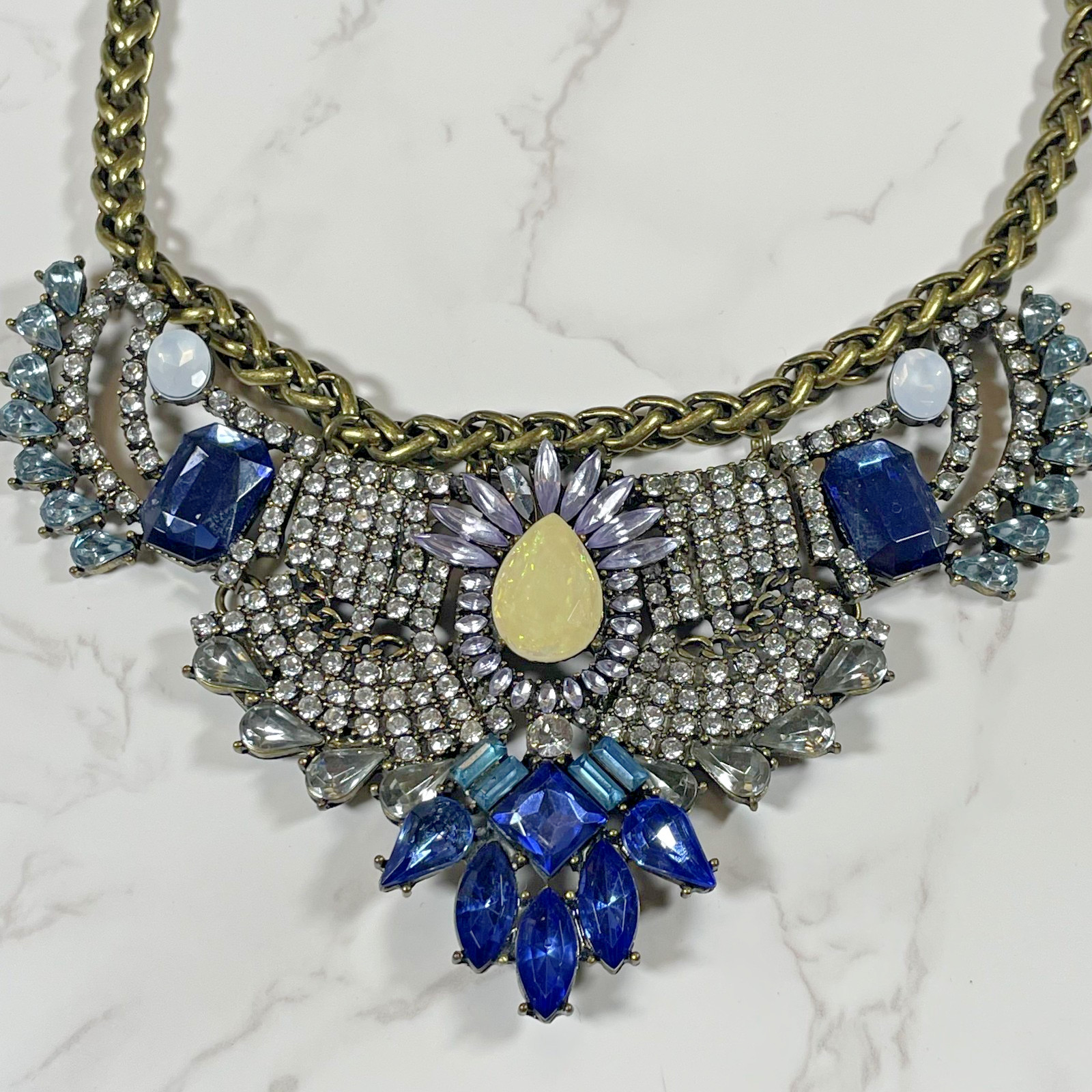 BaubleBar Statement Necklace Blue Crystal Rhinestone Bib Antique Bronze Choker