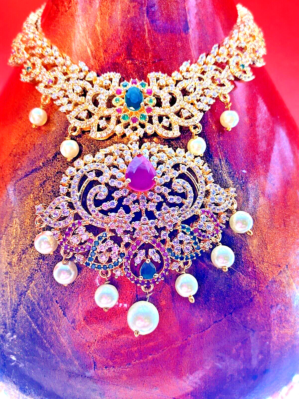 Indian Formal Temple Necklace Traditional Red Green Jewels Bollywood “Maya”