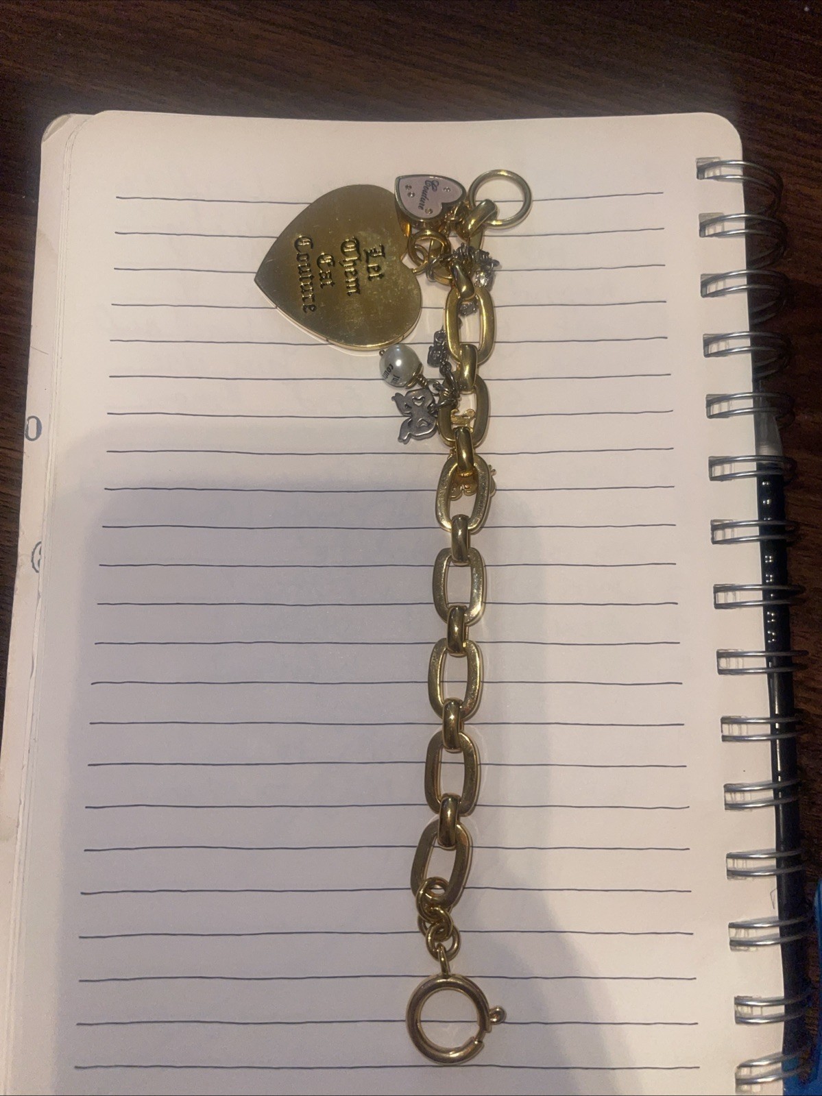Juicy Couture LET THEM EAT COUTURE Heart Pearl Charm Bracelet Gold Tone