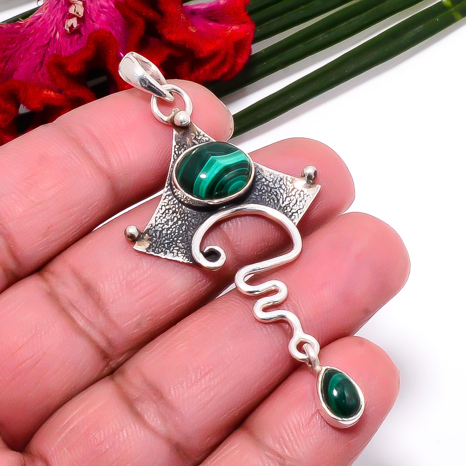 Malachite – Congo Oxidised 925 Sterling Silver Pendant 2.54″ Sk19 Christmas Gift