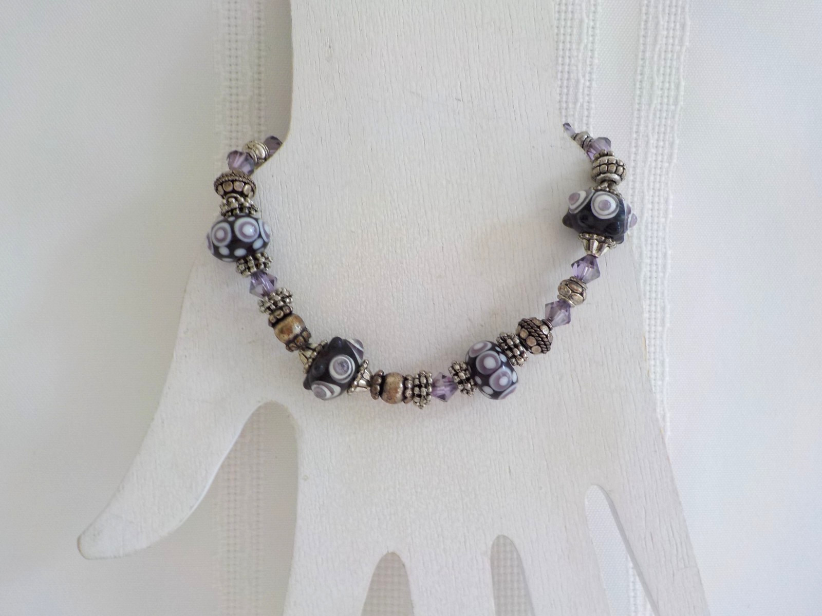 Lampwork Black Purple White Bead Bracelet Pierced Earrings Round Toggle Bumpy
