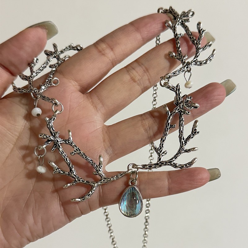 Moonstone Branch Choker Necklace Gothic Fairy Witch Pagan Jewelry for Women