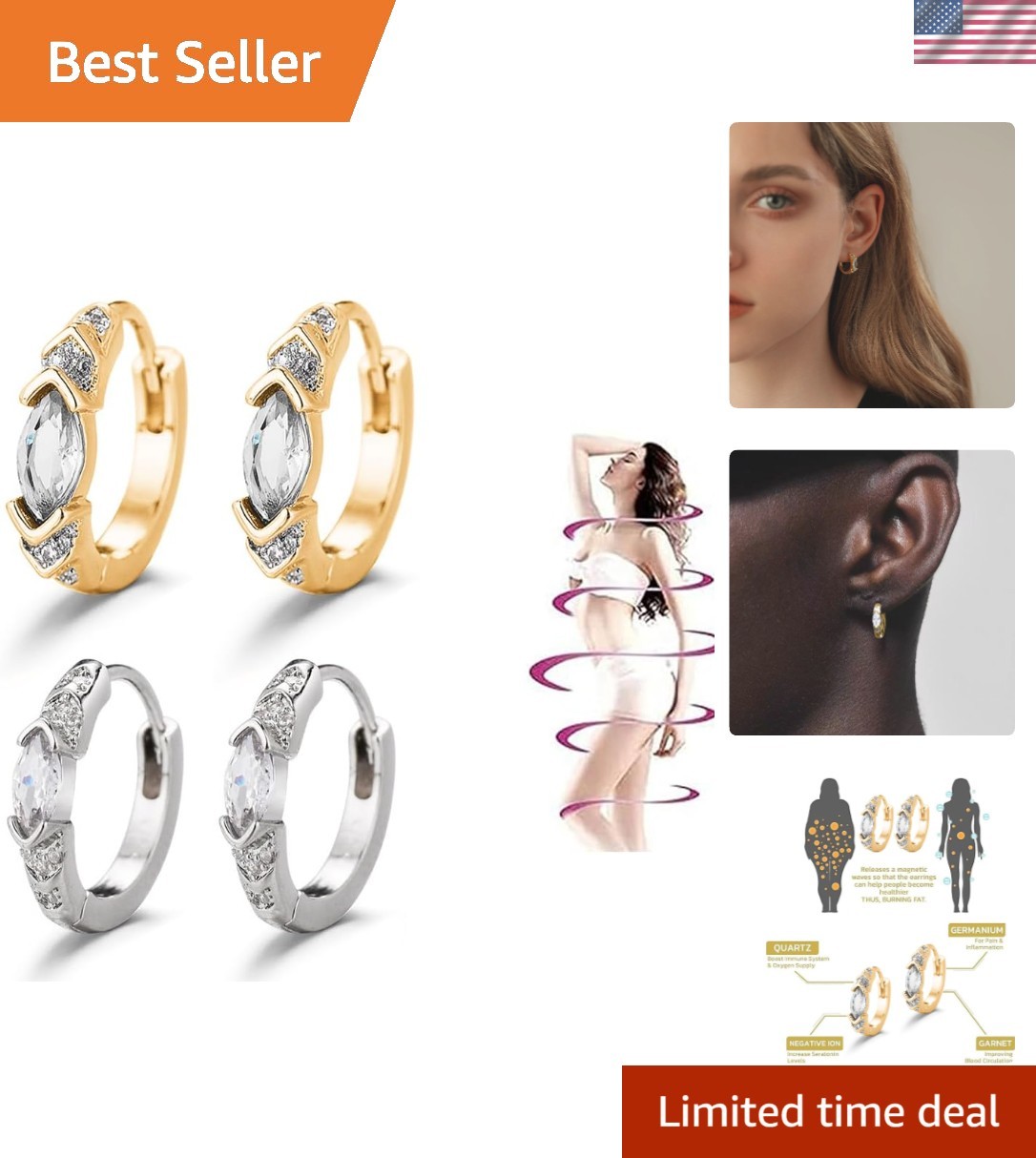 Lymphatic Drainage Slimming Hoop Earrings, Titanium Ion Lymphvity Germanium E…