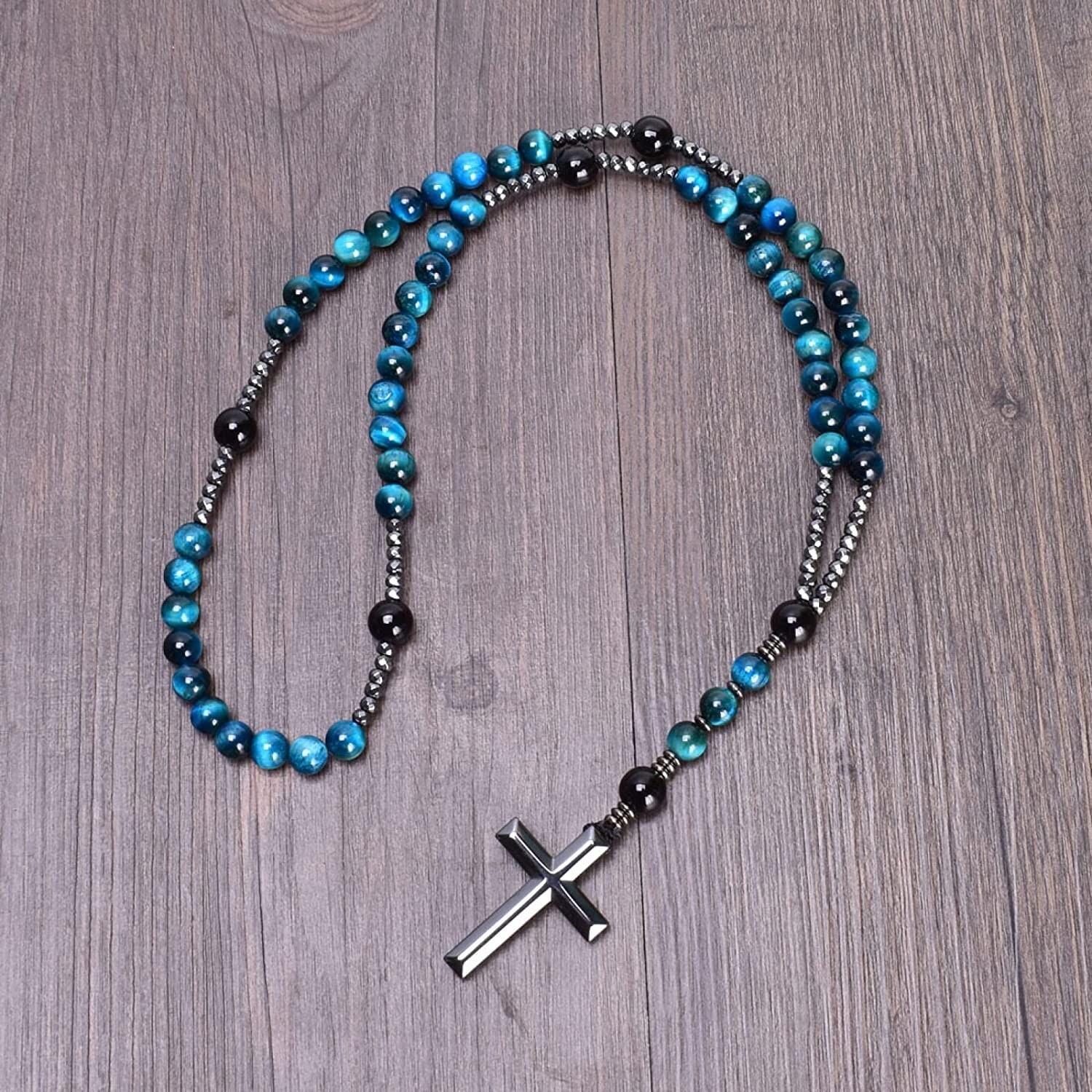 Blue Tiger’s Eye Obsidian Stone Beaded Necklace Beaded Hematite Cross Pendant