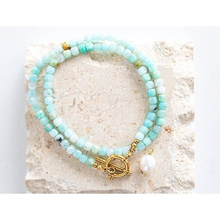 Beaded Amazonite Necklace w/ Removable Pearl and Gold Toggle Clasp Non-Tarnish