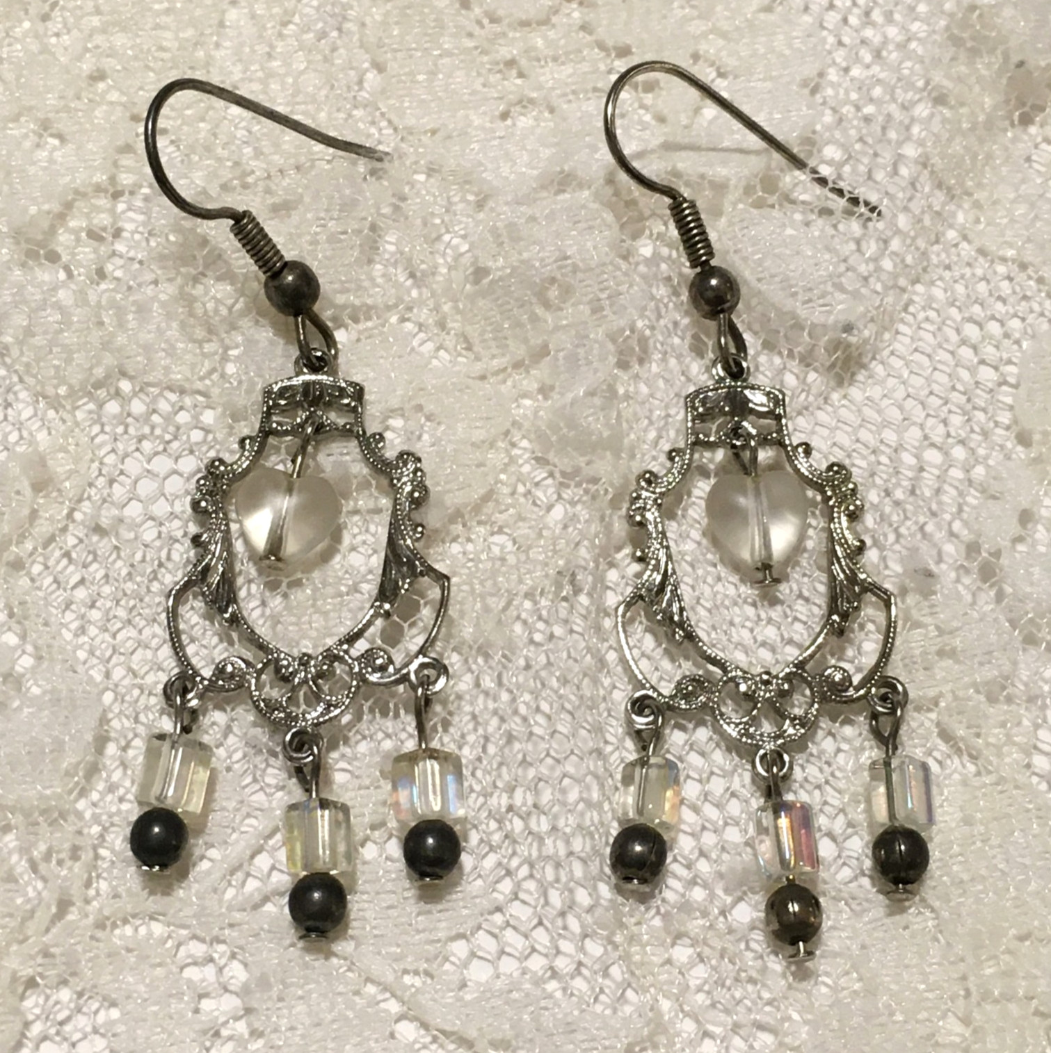 Dainty Chandelier Earrings Beaded Hooks Silver Tone