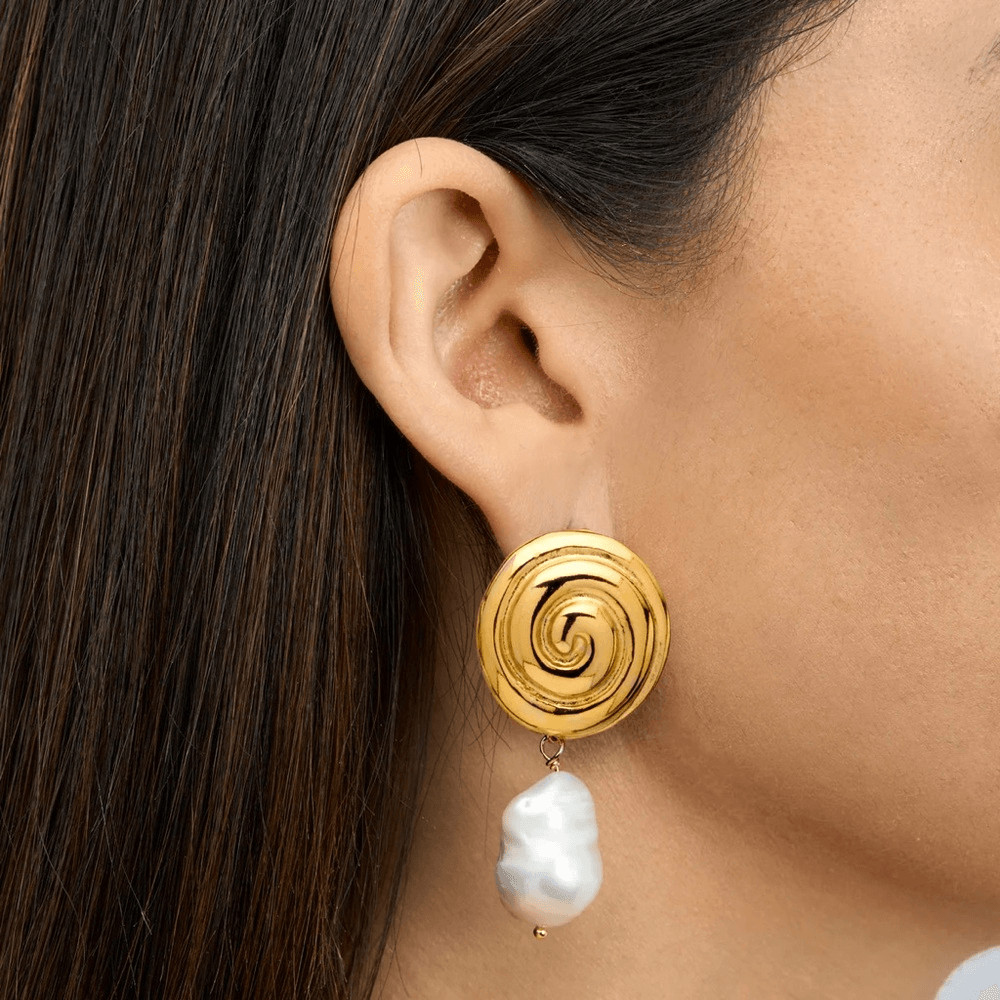 Gold Spiral Drop Earrings with White Natural Pearls – by Mayamar