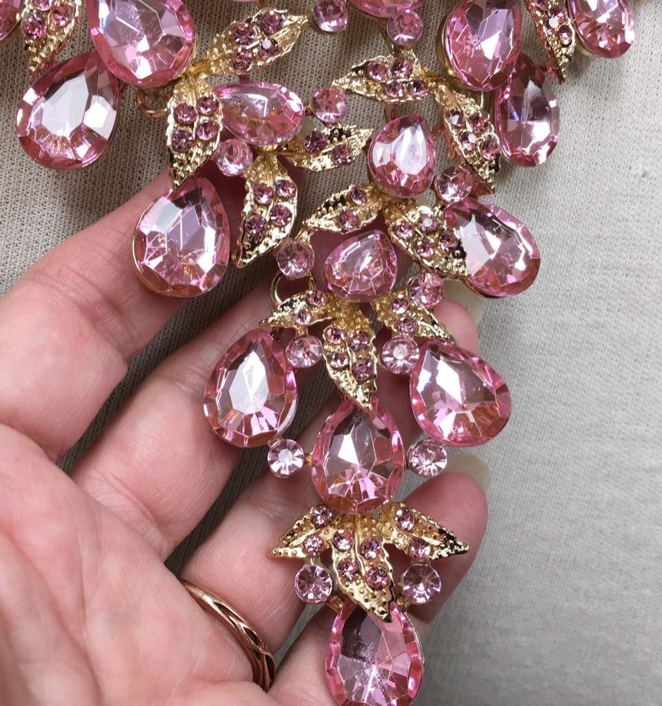 Waterfall Necklace Set Pink crystal Rhinestone Bib cluster Statement Earrings vt