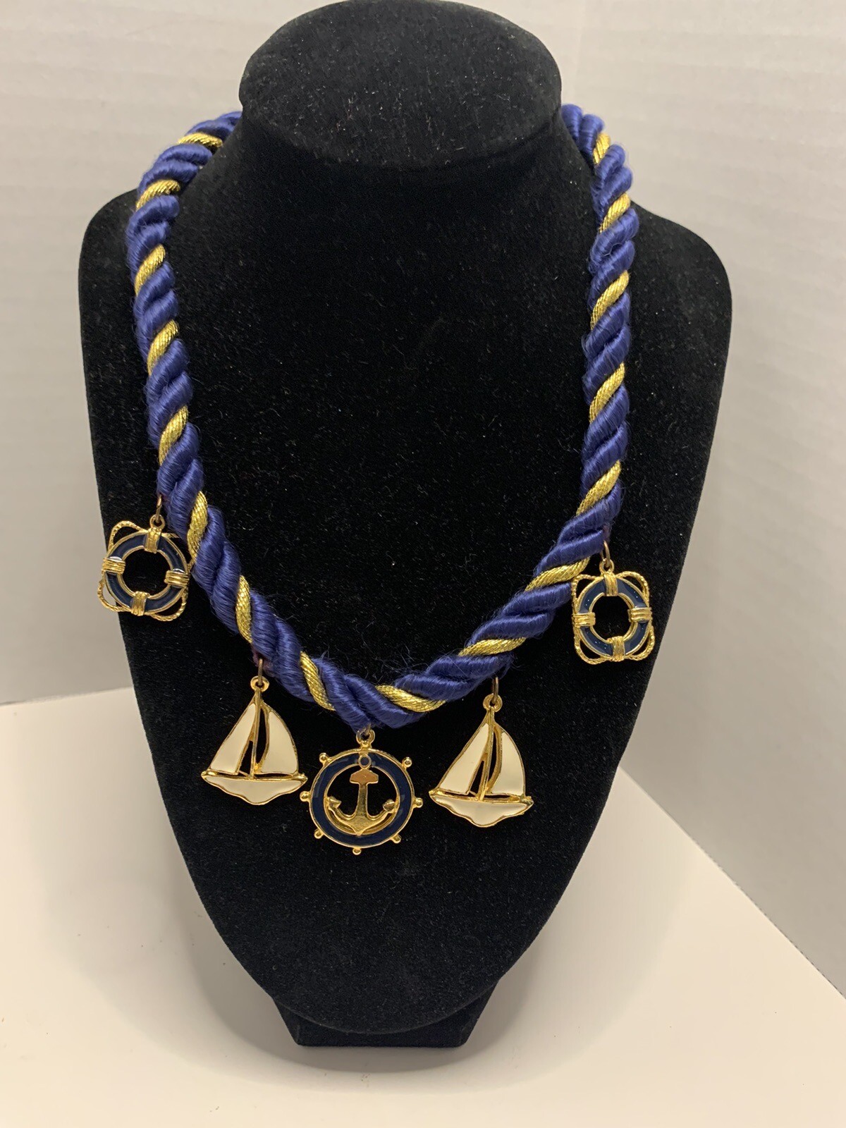 Nautical Navy & Gold Rope Collar Necklace w/ Sailboat & Anchor