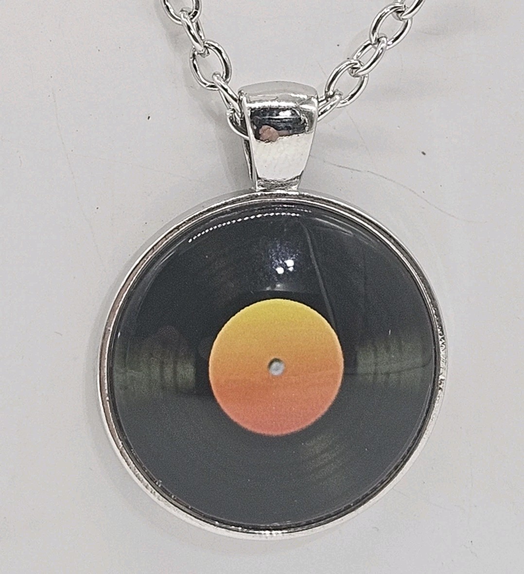 Music Record Pendant Necklace – Music Themed Jewelry – Silver Tone Disc & Chain