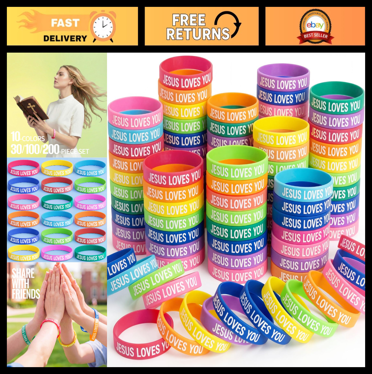 Bulk Jesus Loves You Bracelets – 30/100/200 Pcs Silicone Wristbands for VBS, Chr