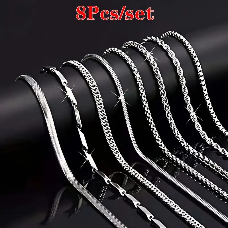 8Pcs Men’s Chain Necklace Set Stainless Steel Necklaces Hip Hop Jewelry Gift