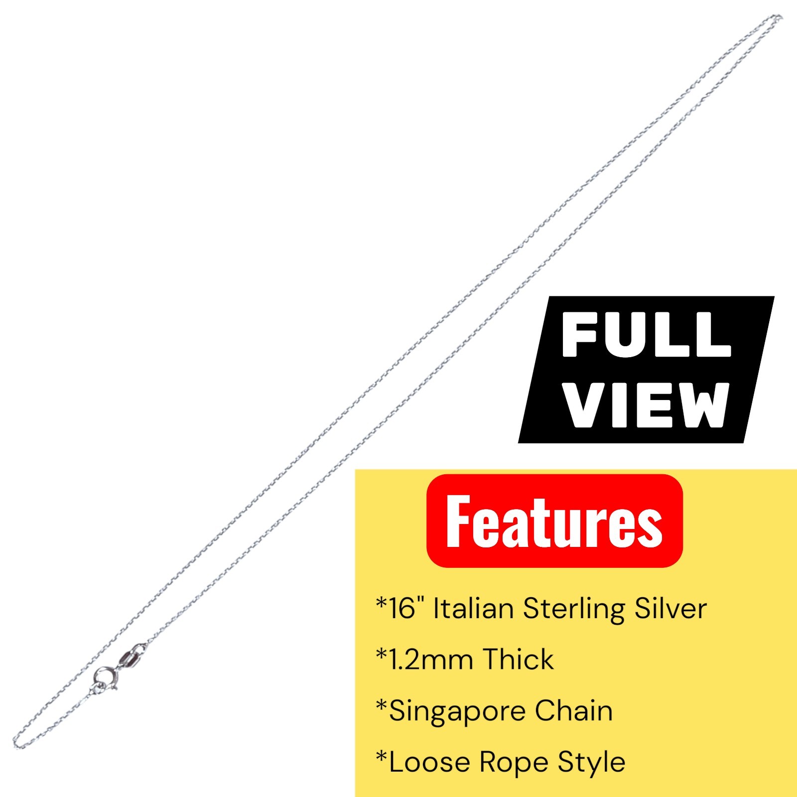 925 Sterling Silver 16″ 1.2mm Italian Singapore Loose Rope Chain Necklace Womens