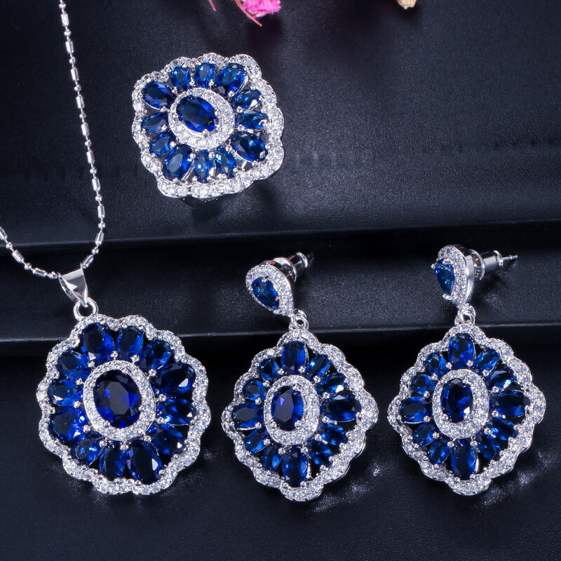 Colorful Pendant Necklace Earrings Ring Silver Plated Women CZ Party Jewelry Set