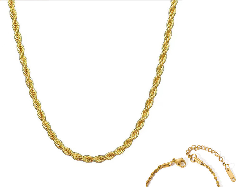Women 14K Gold Stainless Steel 3mm Rope Chain Necklace 16+2inch Gift PE46