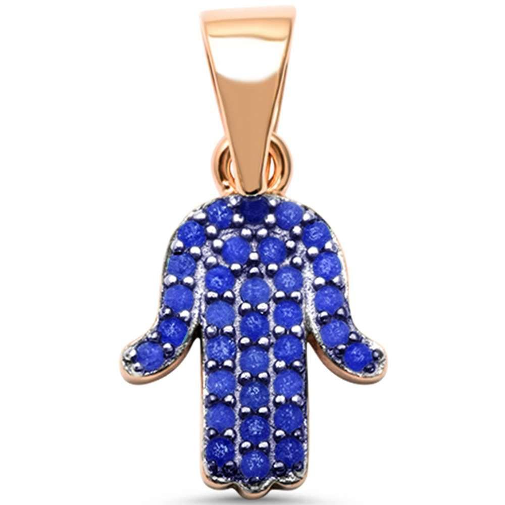 Rose Gold Plated Blue Sapphire Hand of Hamsa Charm .925 Sterling Silver Pendant