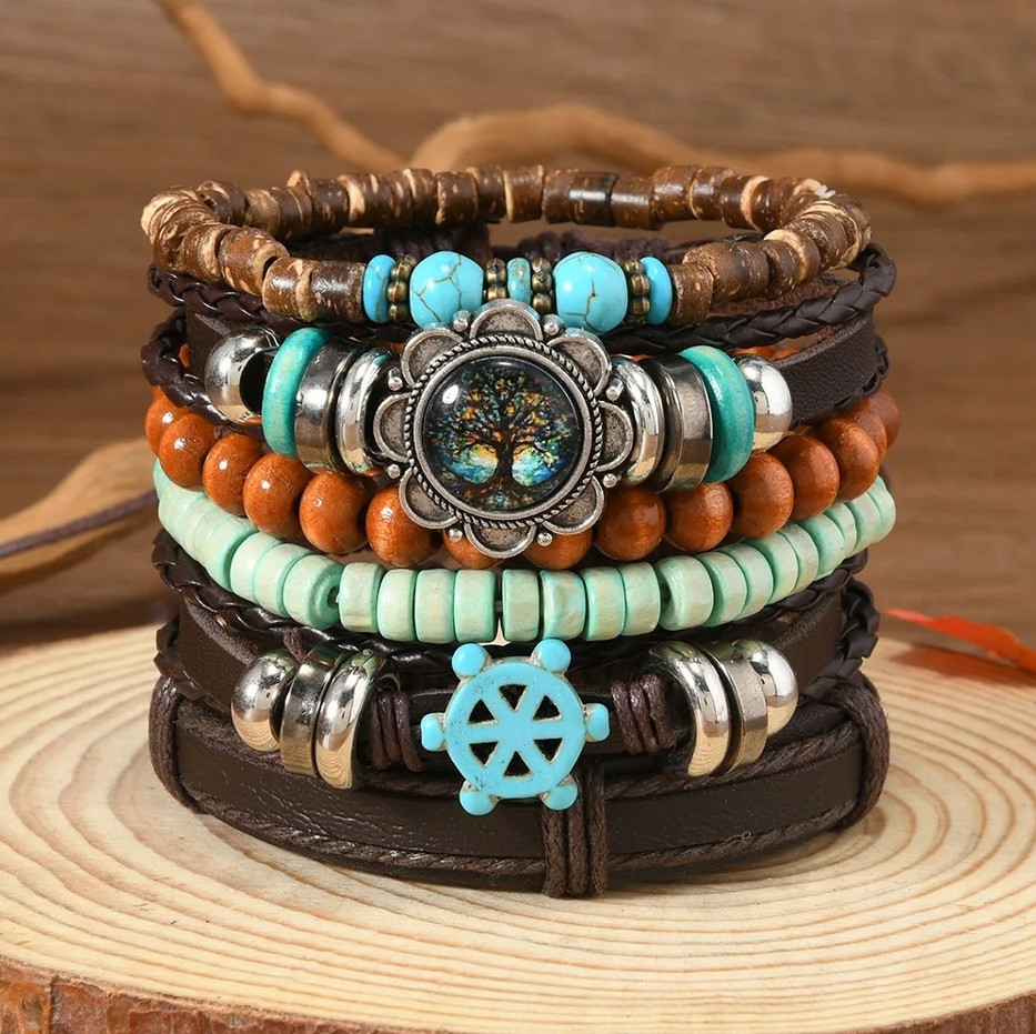5-6pcs Bohemian Evil Eye & Feather Charm Bracelets Set – Adjustable Ethnic Jewel