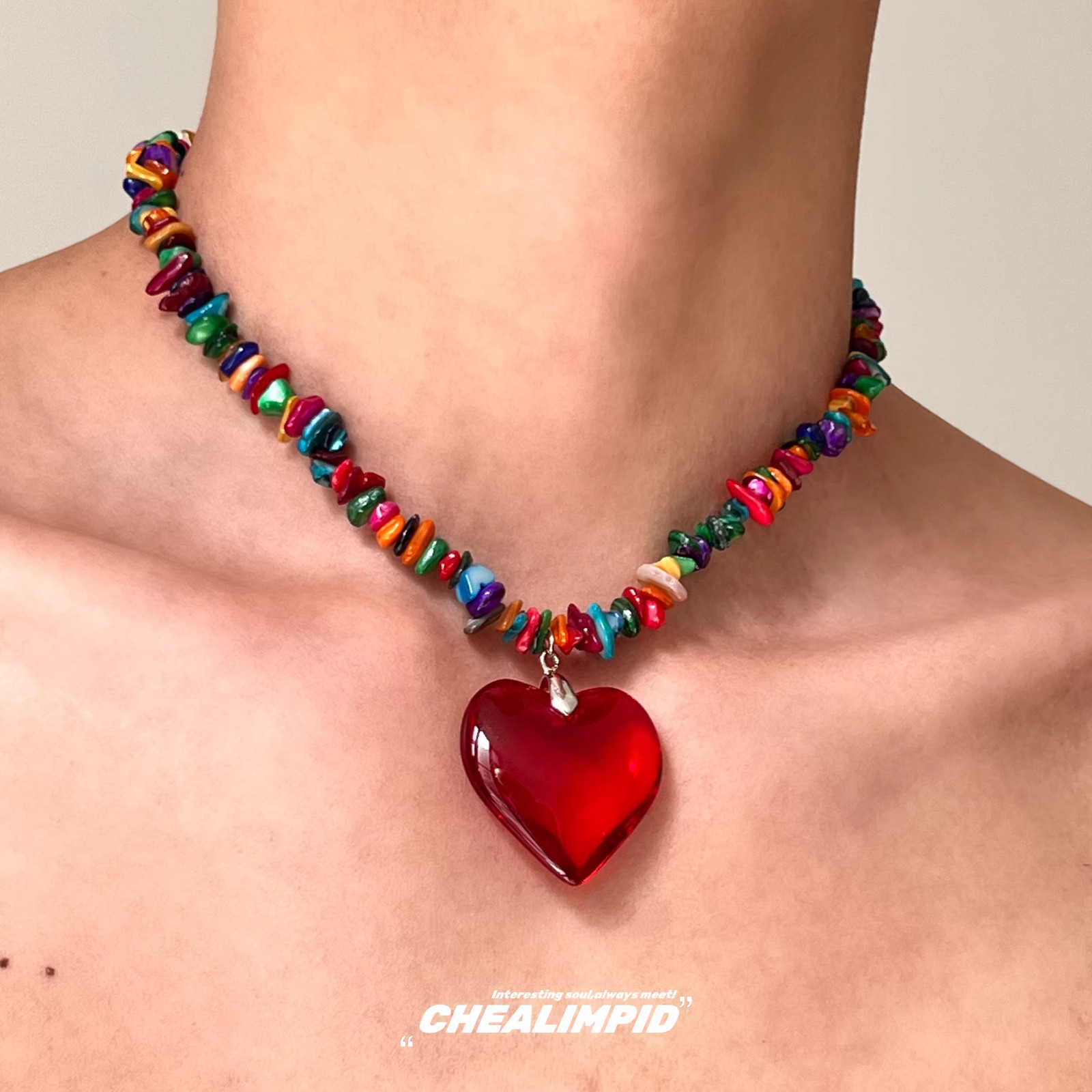CHEALIMPID / Heart Color Bead Choker Necklace 42cm+5cm Extender